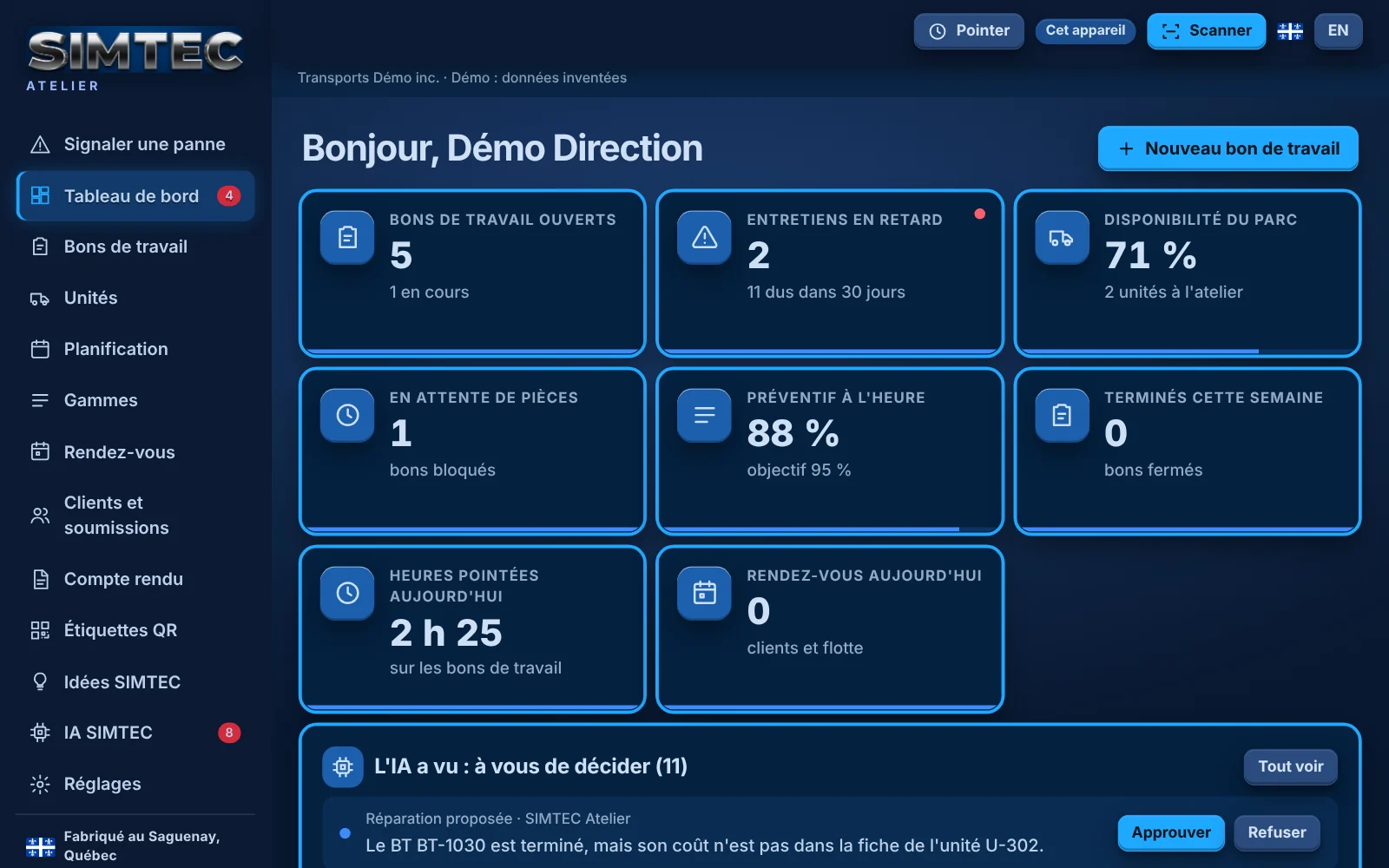 Tableau de bord de SIMTEC Atelier à l'ordinateur